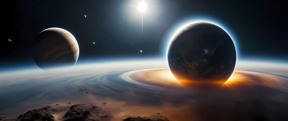 Captivating art showcasing planets moving through dazzling galactic backgrounds