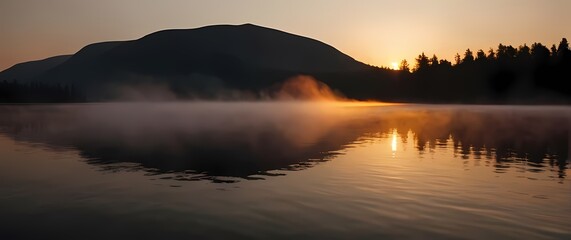 Captivating sunset silhouettes unfolding over quiet lakes creating serene atmospheres © RobinsonIcious