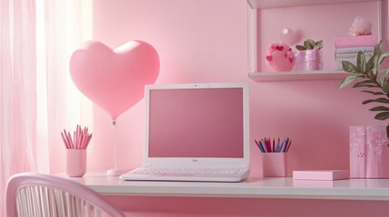 A charming laptop rests on a desk, accompanied by a delightful pink heart balloon, setting the perfect romantic ambiance for Valentine's Day.