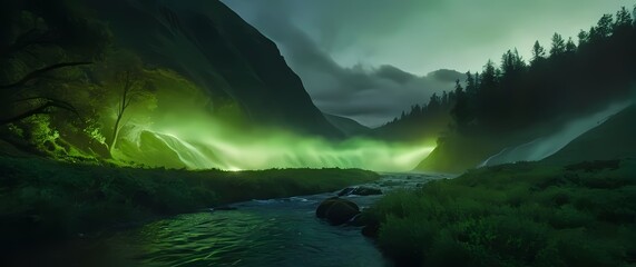 Cascading water flowing through a lush green landscape creating serenity