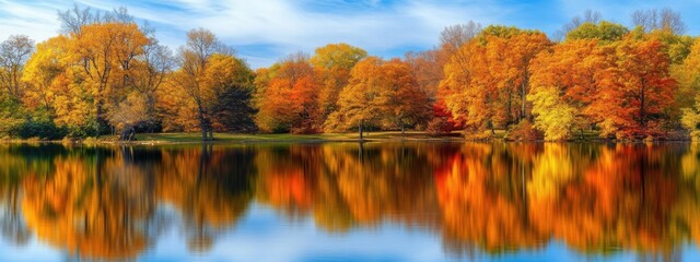 Fototapeta premium A picturesque view of a calm lake surrounded by vibrant autumn trees, with the colorful foliage reflecting on the water's surface, Autumn lake scene