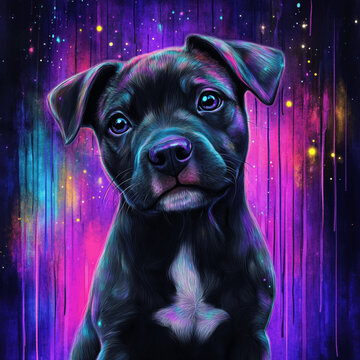 photo of a baby staffy dog, trending pixiv fanbox, acrylic palette knife, 4k, vibrant colors, 