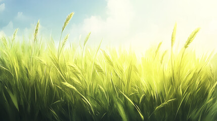 sunny field of tall grass with vibrant green blades swaying gently