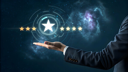 Hand Reaching for Star Rating in Cosmic Digital Space