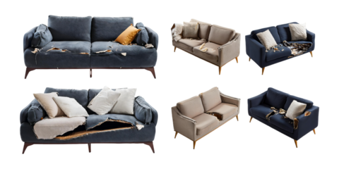 Variety of Worn and Torn Sofas with Different Styles and Fabrics