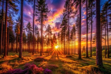 Fototapeta premium Golden hour bathes a mystical woodland in dramatic sunset hues.