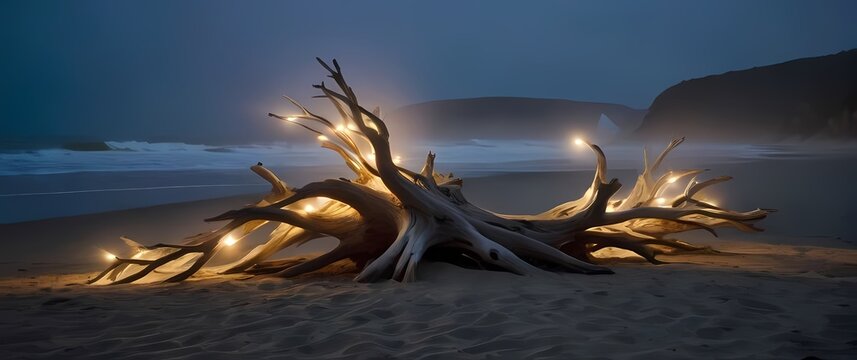Charming collection of driftwood arranged artistically on the beach