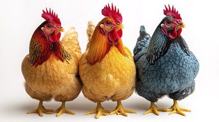 Fototapeta premium Colorful chickens standing together, showcasing their unique feathers and personalities