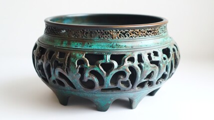 Ornate bronze vessel with intricate cutouts and a patina finish.