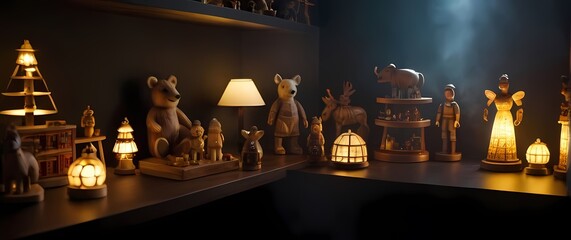 Charming handcrafted wooden toys exhibited on a display shelf