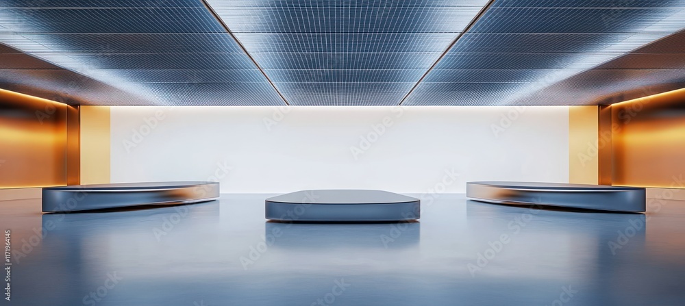 Poster minimalist exhibition space with metallic platforms and soft lighting for product display