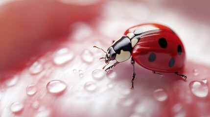 Fototapeta premium vibrant ladybug with red shell and black spots on dewy surface