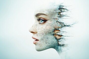 A surreal face with distorted features, mismatched eyes, and a mouth spewing out random texts in multiple languages, creating a disorienting and unsettling effect.