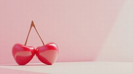 Close up of glossy cherries on pink background, showcasing their vibrant color and shine, perfect for adding fresh touch to any design