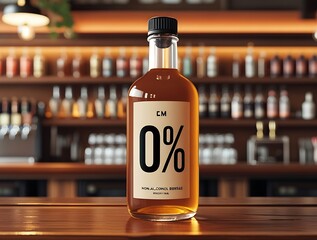 Non-alcoholic beverage bottle on a rustic bar counter with blurred background showcasing drink options promoting healthy lifestyle choices and alcohol-free alternatives for social occasions and person