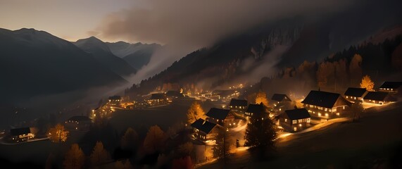 Charming views of a quaint village nestled in the mountains during autumn