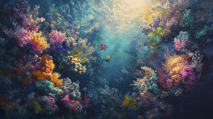 vibrant underwater scene showcasing colorful coral reef teeming with life