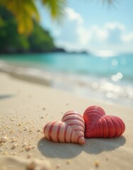 Obraz premium Heart-shaped seashells on sandy tropical beach with turquoise ocean waves