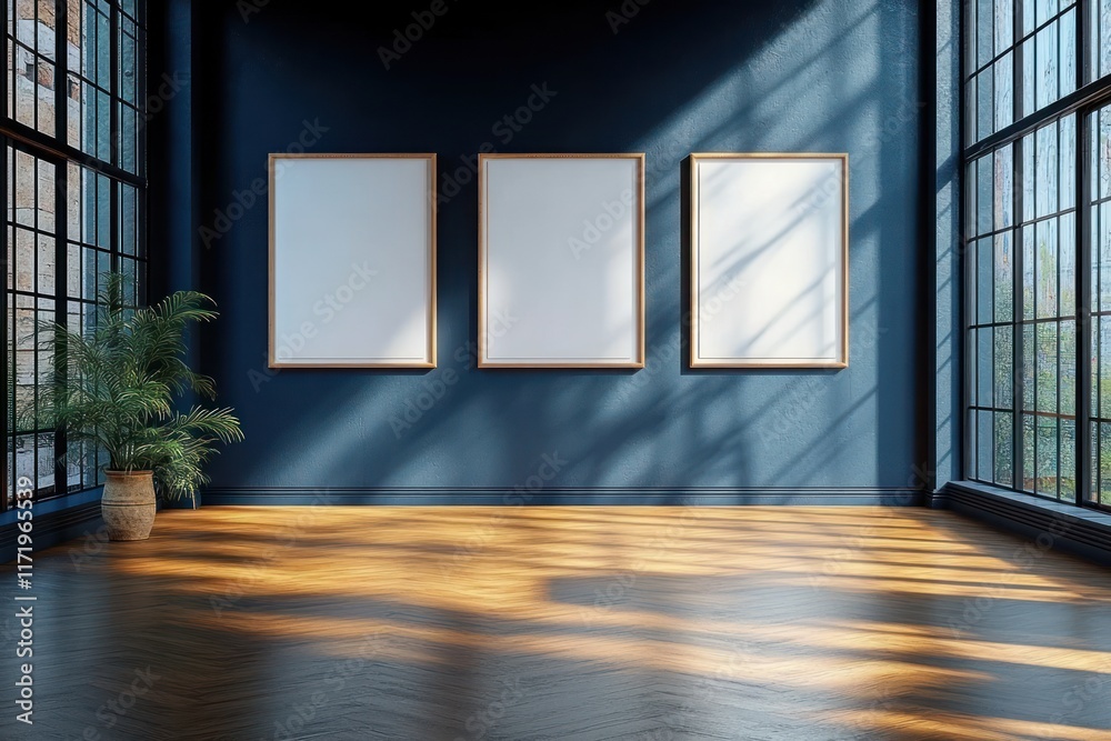 Poster Minimalistic Art Gallery with Empty Frames on Dark Wall and Natural Light Streaming Through Windows
