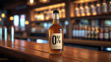 Non-alcoholic beverage bottle on a rustic bar counter with blurred background showcasing drink options promoting healthy lifestyle choices and alcohol-free alternatives for social occasions and person
