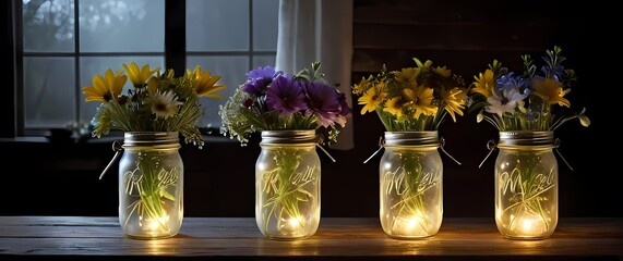 Charming wildflower arrangements showcased in mason jars on a rustic table