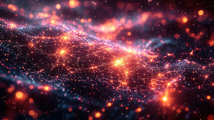 Abstract neon-colored web of interconnected lines and nodes in cyan, magenta, and electric yellow, symbolizing digital networks, communication, and technological interconnectivity
