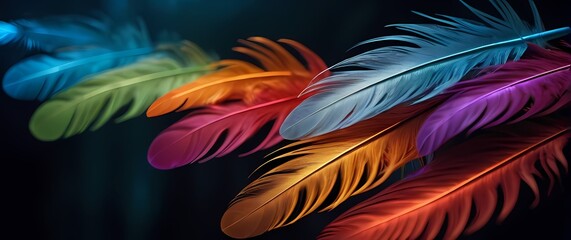 Fototapeta premium Closeup of colorful feathers displayed against intricate backgrounds
