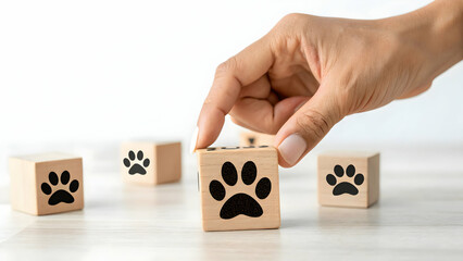 Hand Placing Wooden Block with Paw Print on Light Wooden Surface