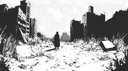 Obraz premium A lone stalker and a ruined empty city. Oblivian. Illustration
