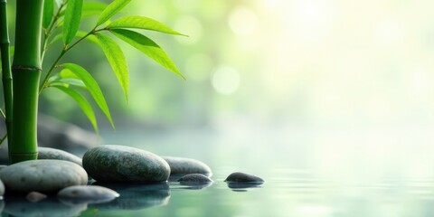 Serene Bamboo and Stones Reflecting in Tranquil Water, a Peaceful and Calming Nature Scene