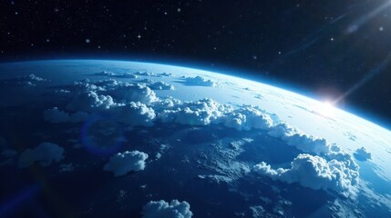 Fototapeta premium A Breathtaking View of Earth from Space, Showing a Majestic Sunrise Over a Layer of Fluffy Clouds and Dark Blue Ocean