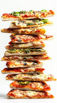 delicious stack of pepperoni pizza slices with green peppers isolated on white background