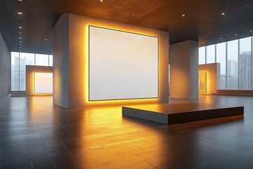 Minimalistic modern art gallery interior with large white canvas and city view