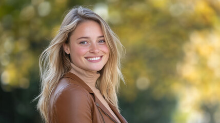 Caucasian woman in brown leather jacket at city park at sunny morningCaucasian woman in brown leather jacket at city park at sunny morning