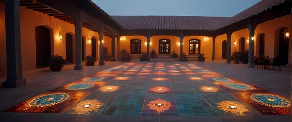 Obraz premium Colorful ceramic tiles depicting local culture arranged on a courtyard