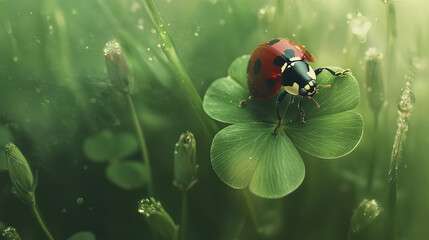 Naklejka premium vibrant ladybug resting on clover leaf in lush green setting