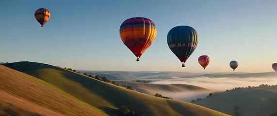 Obraz premium Colorful hot air balloons soaring over rolling hills on a clear day