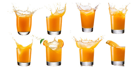 Fresh Orange Juice in Various Glasses with Splash Effects
