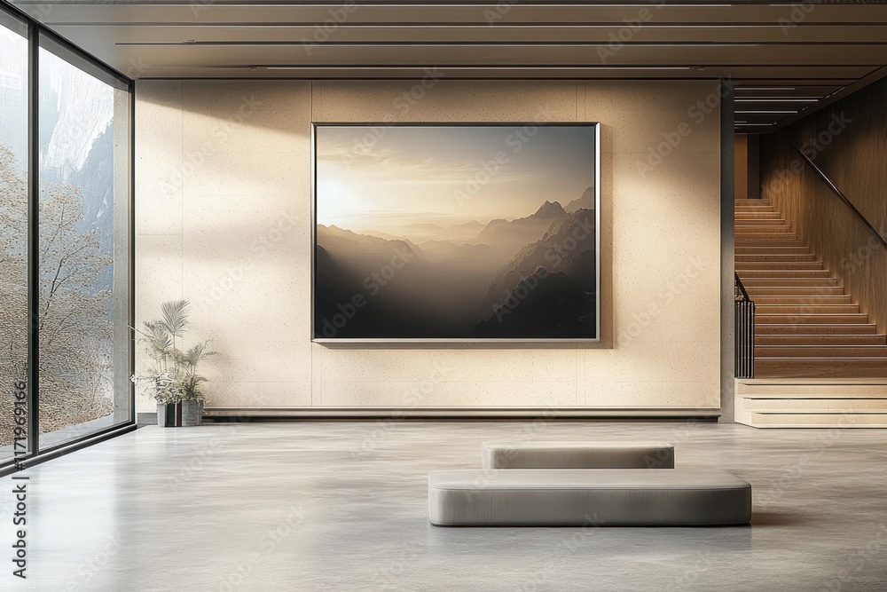 Poster blank digital screen in modern art gallery with natural light and minimalistic design