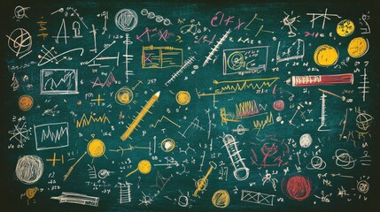 Colorful Chalkboard with Scientific Symbols and Diagrams Overview