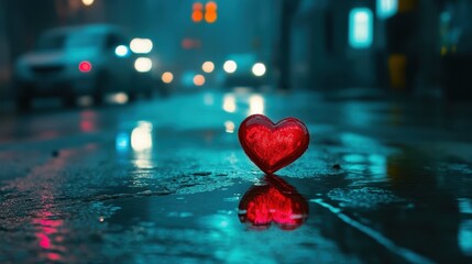 A vibrant red heart rests on a glistening wet pavement, symbolizing love amidst the everyday hustle of the street on Valentine's Day.