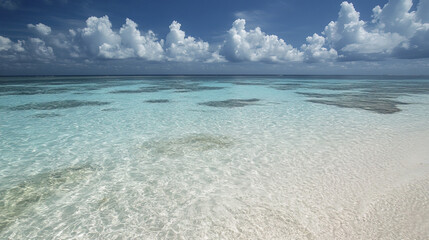 Obraz premium Crystal clear turquoise water meets sandy beach under blue sky