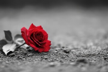 A solitary red rose rests gently on the ground, symbolizing love and passion, a timeless gesture of affection on Valentineâ€™s Day.