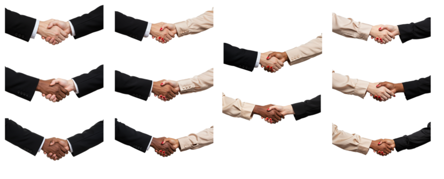 Transparency, image pack, shaking hands, negotiation agreement, different ethnicities, men and women - Transparência, pacote de imagens, aperto de mão, acordo de negociação, diferentes etnias, homens - Powered by Adobe