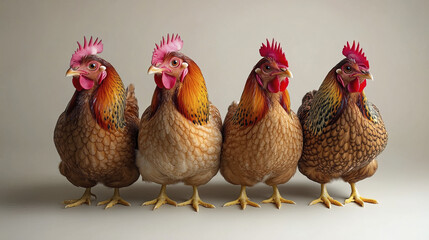 Fototapeta premium Four chickens standing in casual cluster, showcasing their vibrant feathers and unique combs