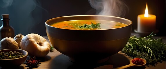Cozy still life of a warm bowl of soup adorned with herbs and spices