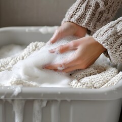 A woman washing clothes in a plastic basin, with water and soap suds, showcasing a traditional hand-washing method in a simple, clean setting.

