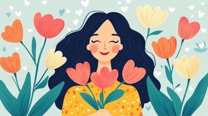 A charming woman cradles a vibrant bouquet of flowers, surrounded by whimsical hearts, capturing the essence of love and affection on Valentine's Day.