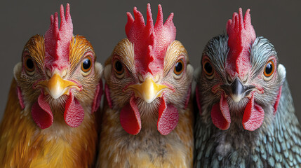 Fototapeta premium Three colorful hens with expressive eyes and vibrant feathers
