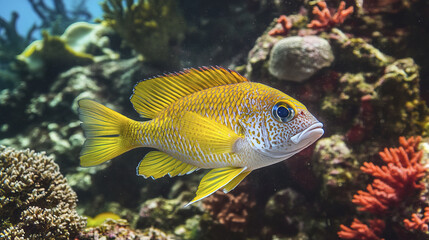 Vibrant yellow fish swimming among colorful coral reef, showcasing marine beauty